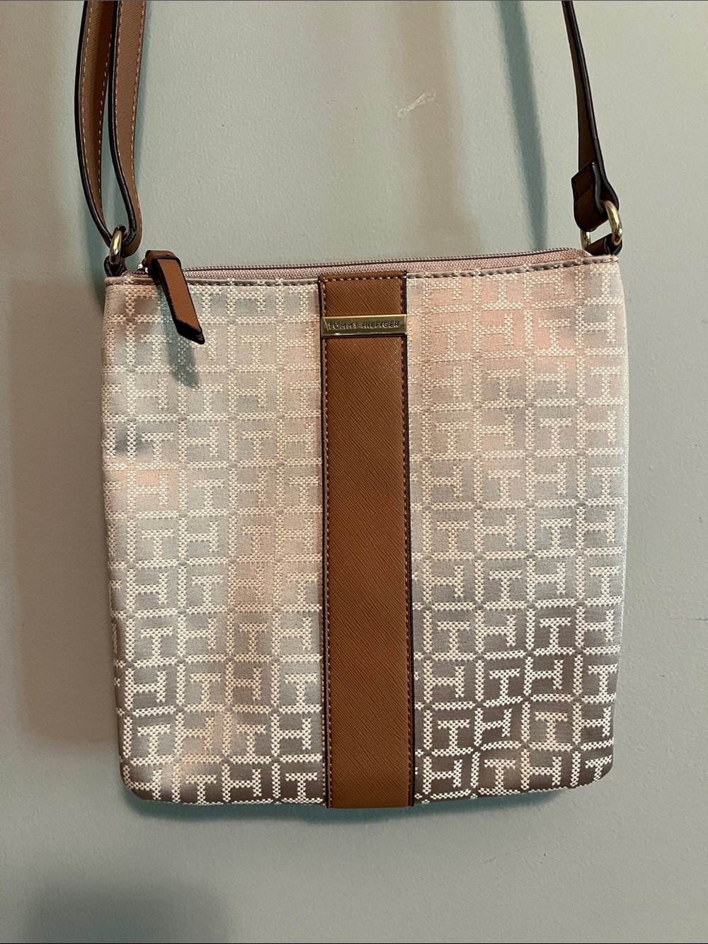Tommy Hilfiger Cream and Brown Monogram Crossbody Bag
